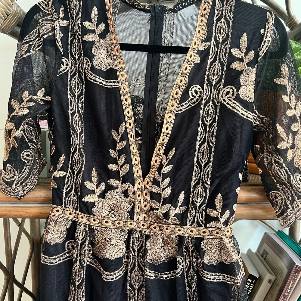 VENUS Black Maxi Dress with Gold Floral Embroidery - Picture 2 of 7